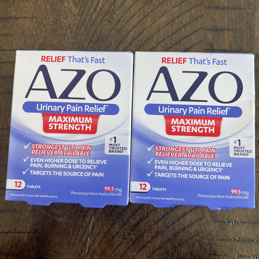 2 Pack Max Strength AZO 97.5mg Urinary Pain Relief Treatment Tablets - 12 Count