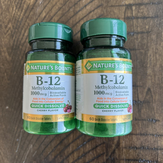 2 Pack Nature's Bounty B12 1000mcg 60ct Cherry Flavor Exp 05/2027 Sealed 120 ttl