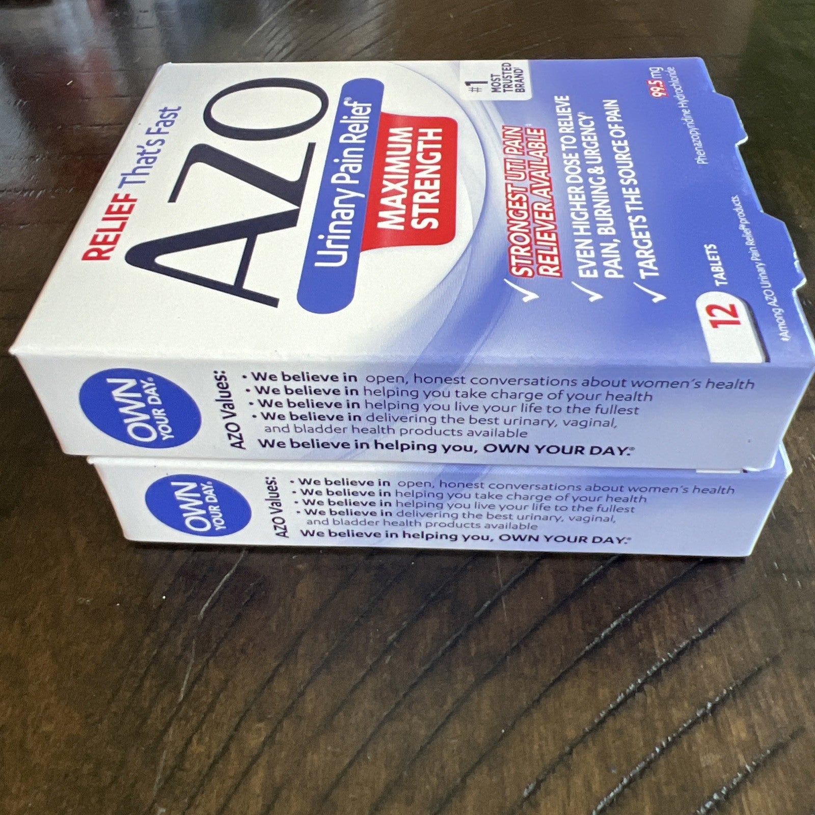 2 Pack Max Strength AZO 97.5mg Urinary Pain Relief Treatment Tablets - 12 Count